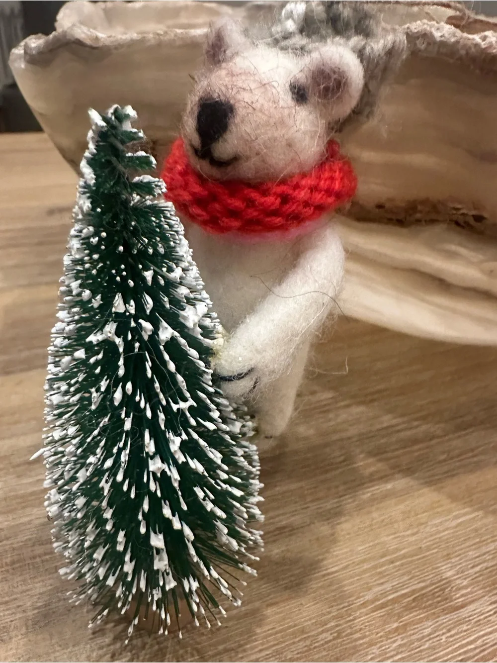 Handcrafted Felted Polar Bear with Mini Bottle Brush Tree Christmas Ornament